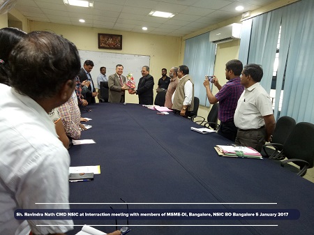 Shri. Ravindranath CMD NSIC visited the office of MSME- DI Bangalore on 05.01.2017 and
 interacted with officials of MSME DI, Bangalore​
<a target="_blank"  href="https://www.facebook.com/NSICLTD/photos/pcb.1296077430430267/1296075483763795/?type=3&theater" ><font color="#FF6600">Click here to view  more images.</font></a>